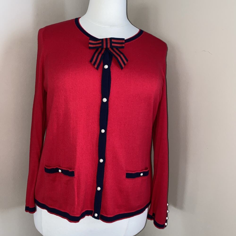 Talbots Red Black Bow Chic Pearl Pocketed Soft Cardigan Sweater - Plus Size 2XP